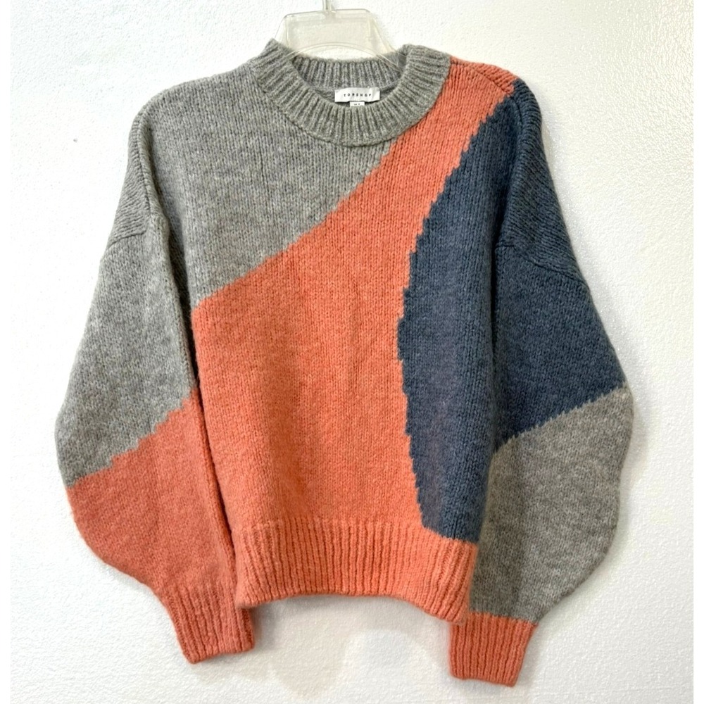 Top Shop Size Small Crewneck Abstract Oversize Crop Sweater Grey Peach Blue - Picture 2 of 5